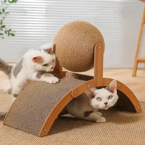 Cool Arch Bridge & Ball Scratcher Durable Natural Sisal Rope Ball with Wood Stand Wear Resistant Scratching Post for Indoor Cats Interactive Cat Toy Physical Exercise