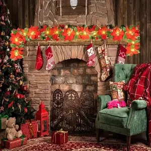 1 Pack 6.5 FT Christmas Poinsettia Flowers Garland Decorations, 10 LED Lighted Artificial Velvet String Lights With Red Berries, Xmas Ornaments For Indoor Outdoor Fireplace Decor