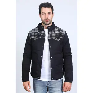 Men's Ethnic Aztec Quilted Fur Lined Twill Black Jacket