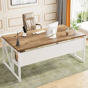 LITTLE TREE 63 inches Computer Desk with Bottom Storage Shelf Home Office Desk Writing Table for Workstation,Dark Walnut + Steel Leg， Cabinet not Included