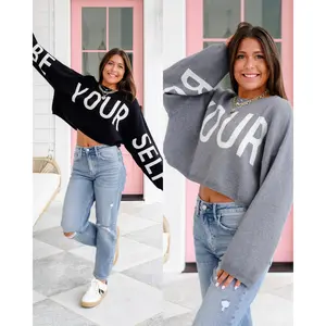 Plus/Reg Long Sleeve "Be Your Self" Cropped Sweater