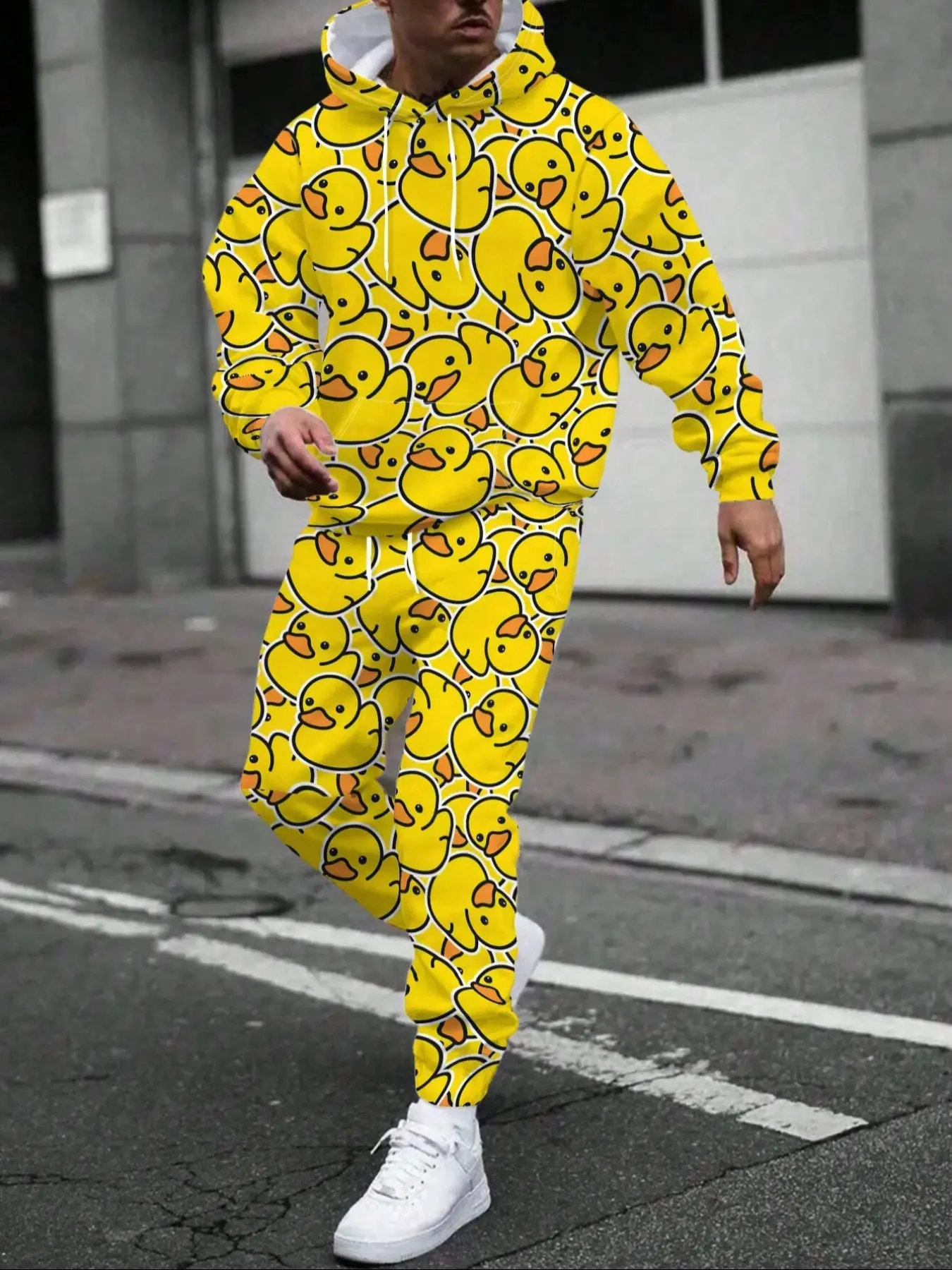 Trendy Duck Two-Piece Set, Menswear Hooded Sweatshirt & Jogger Pants, Long Sleeve, Cute Print, Loose Fit, Casual Sporty Style, Fall&winter, Outfits