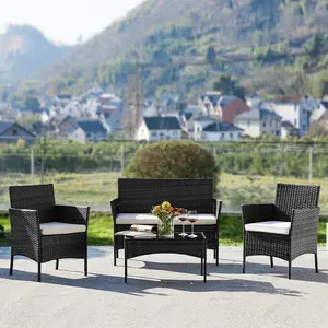 furnishflex Patio Furniture Set 4 Pieces, Outdoor Furniture with Glass Table, Weaving Wicker Rattan Patio Chairs for Garden, Terrace, Porch, Lawns