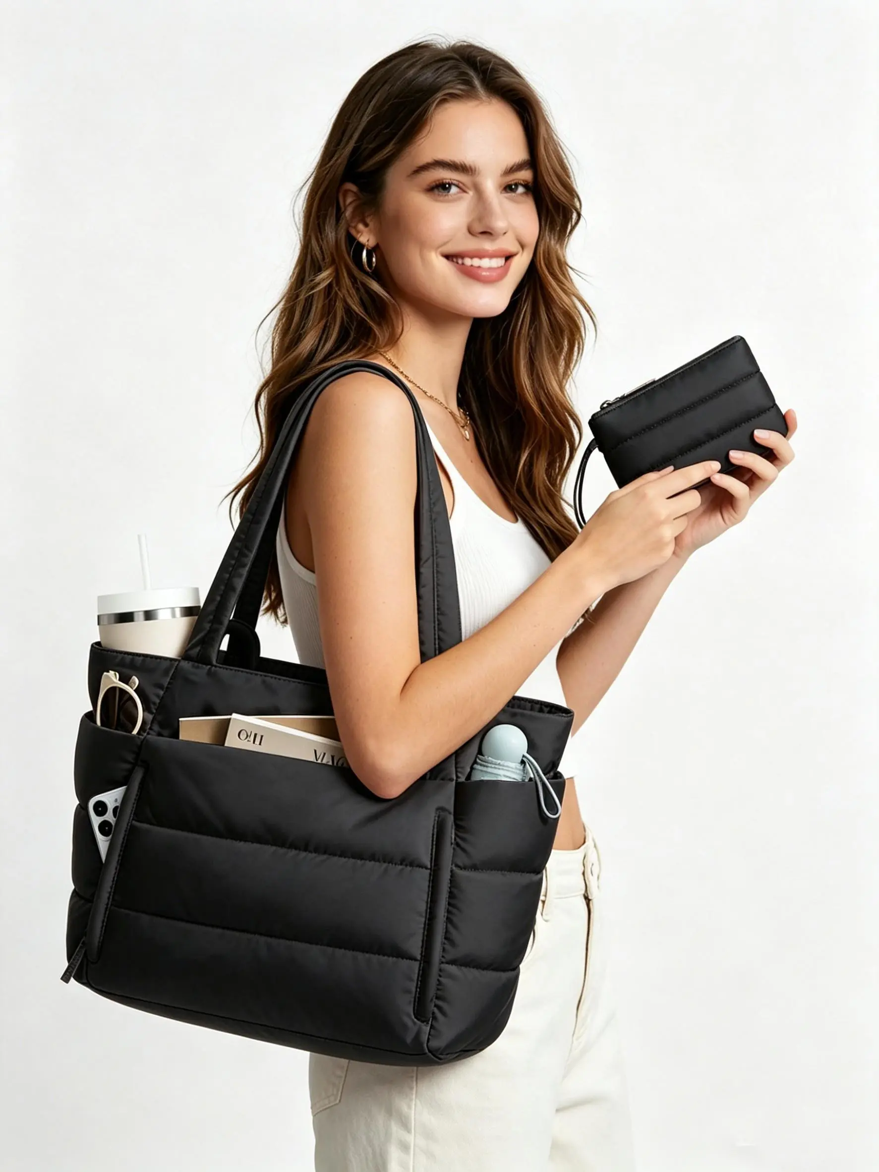 Women's Solid Color Quilted Totebag, Lightweight Puffer Design Shoulder Bag, Casual Trendy Versatile Daily Commuting Bag for Travel & Work & Beach, Crossbody Bags