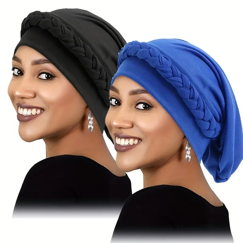 2 Pack Braided Turban Headwraps for Women, Elastic Slouchy Pre-Tied Head Scarf, Fashion Braid Front Hair Cover Head Caps for Daily Wear