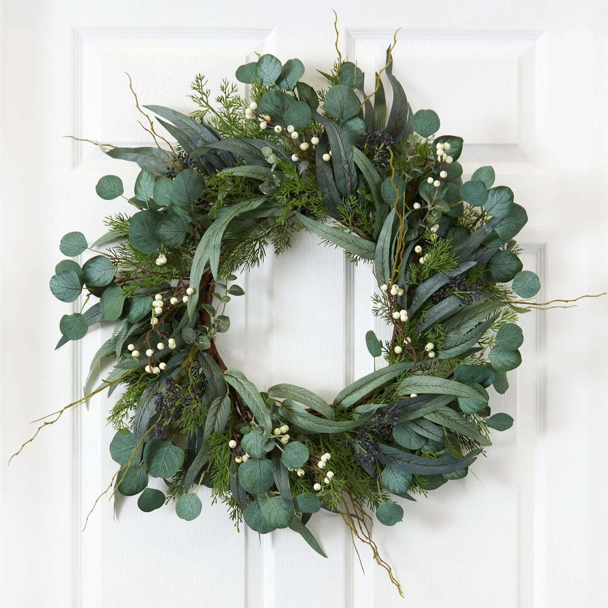24 In Synthetic Artificial Eucalyptus and Mixed Greens Wreath - Natural Look, Luxurious Green Artificial Leaves Wreaths, Indoor Festive Home & Front Door Decor (Garlands & Swags Compatible), Decoration