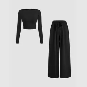 Cider [size 2-10] Round Neckline Solid Long Sleeve Crop Tee & Mid Rise Knotted Straight Leg Trousers Set