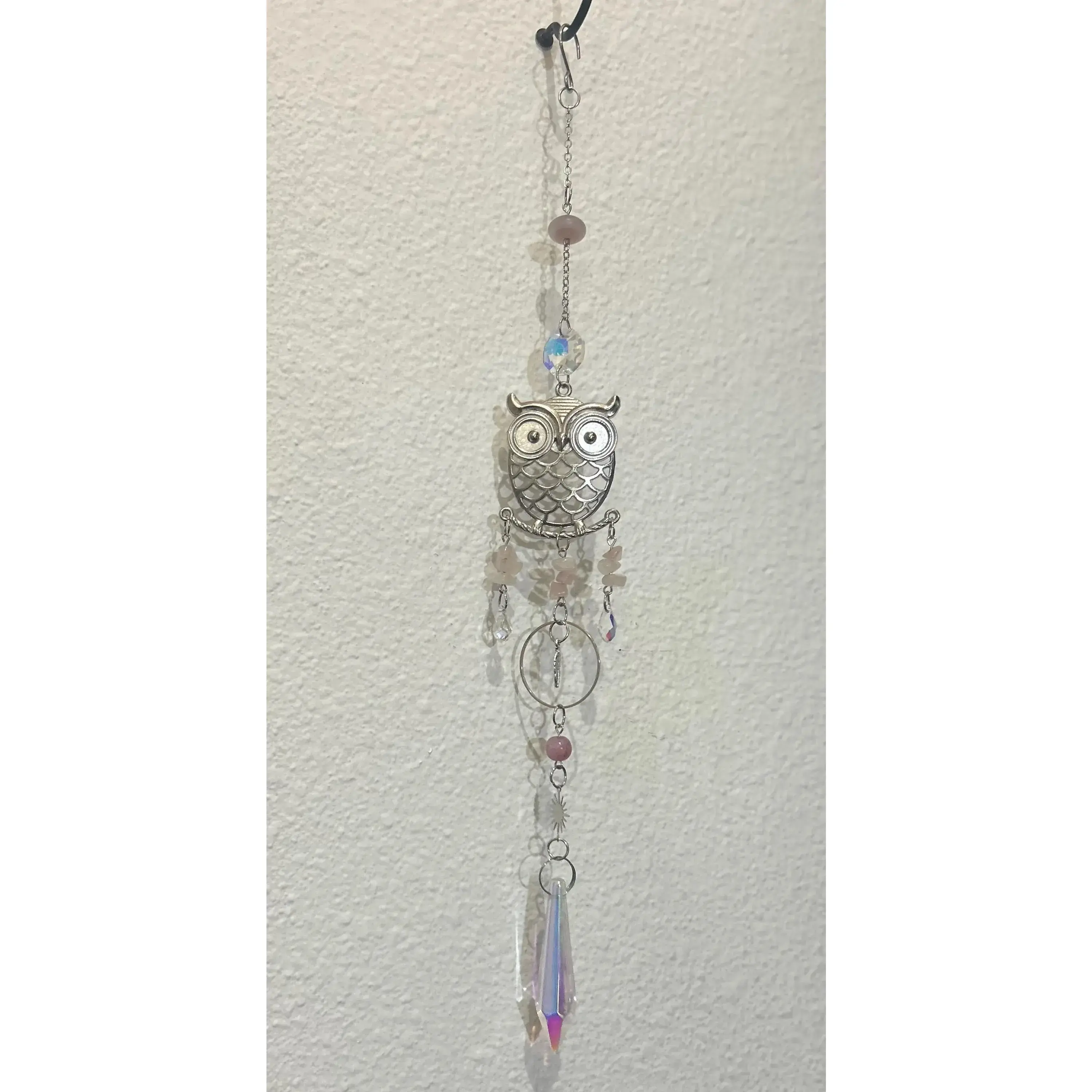 Iridescent Crystal Owl Suncatcher – Boho Silver Window Decor with Rose Quartz Accents