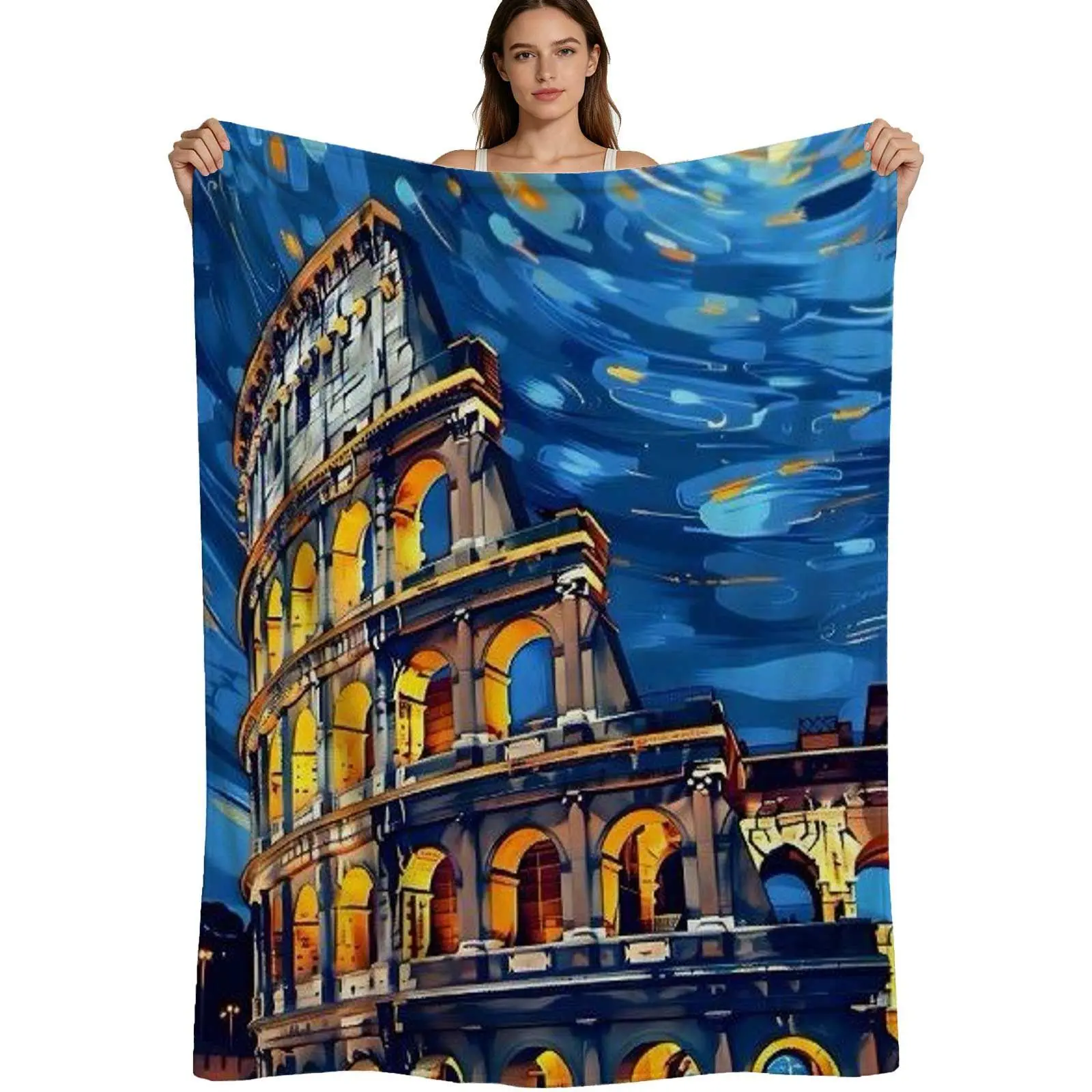 Soft Flannel Brushed Texture Blanket with Starry Night & Roman Colosseum Art Print, 4-Size Options, for Room Decor & Travel Use, Single Pack