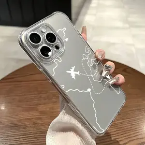 A Cartoon White Airplane Traveling Around the World Creative New Transparent Phone Case,Suitable for iPhone 17 Air/17/16e/7/8/XS/X/11/12/13/14/15/16/Pro/Pro Max/Plus, Shockproof Full Protection Phone Case,Gift for Yourself and Friends/Festival Gift TMZB02