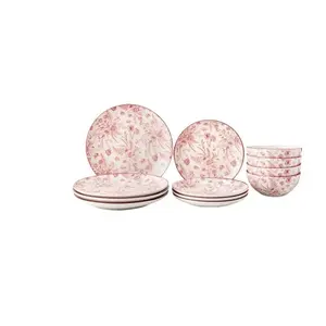 Vintage Pink Toile Dinnerware Set 12-Piece Stoneware Service for 4 Elegant Classic Look Versatile for Casual & Formal Meals