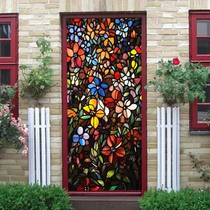 2 Stained Glass Style Floral Door Stickers Self Adhesive Waterproof PVC Wall Decals for Living Room Bedroom Decor Removable No Damage to Wall Home Art Decorative Stickers Holiday Party Supplies Multip Door Decorations Flower