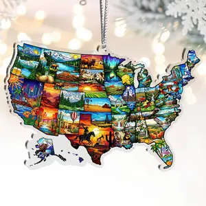 USA Map Acrylic Ornament – 50 States Landmark Ornament, American Landscape Christmas Decor, Travel Lover Gift, USA Vacation Souvenir Ornament