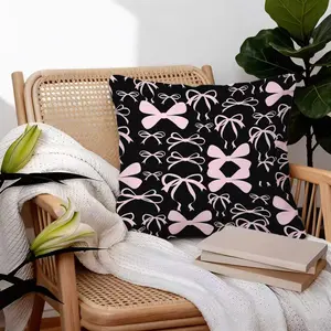 Black & Pink Bow Throw Pillow, 18x18 inch, Soft Skin-Friendly Short Velvet, Coquette Style, Decorative Cushion for Bedroom Sofa Living Room, Perfect Gift for Girls Teens Women