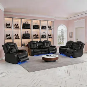 Luxury Sofa Luxury Black Breathing Leather 3-Piece Living Room Recliner Sofa Set