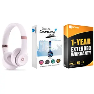 Beats Solo 4 Bluetooth Wireless On-Ear Headphones with MightySkins Protective Skins and 1 Year Extended Warranty Bundle - Cloud Pink