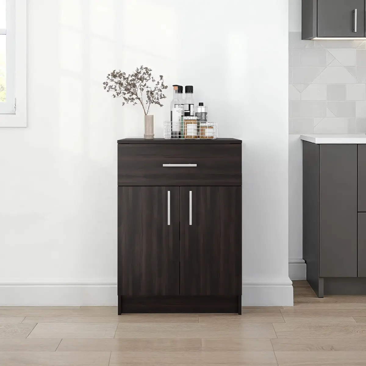 Dark Walnut Eco-Friendly Wood Pantry Cabinet - Engineered Wood, Easy Assembly, 33.3"H x 23.6"W x 15.9"D, Top Drawer, Double Doors, Multiple Zones, Interior Shelves, 22lb Shelf Capacity, 44lb on Top, 60.74lbs Total, Ideal for Kitchens, Dining Areas