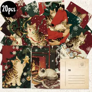 20pcs Vintage Christmas Mansion and Cute Cat All Occasion postcard, unique Everyday gift for family & friends, congratulate, thank you