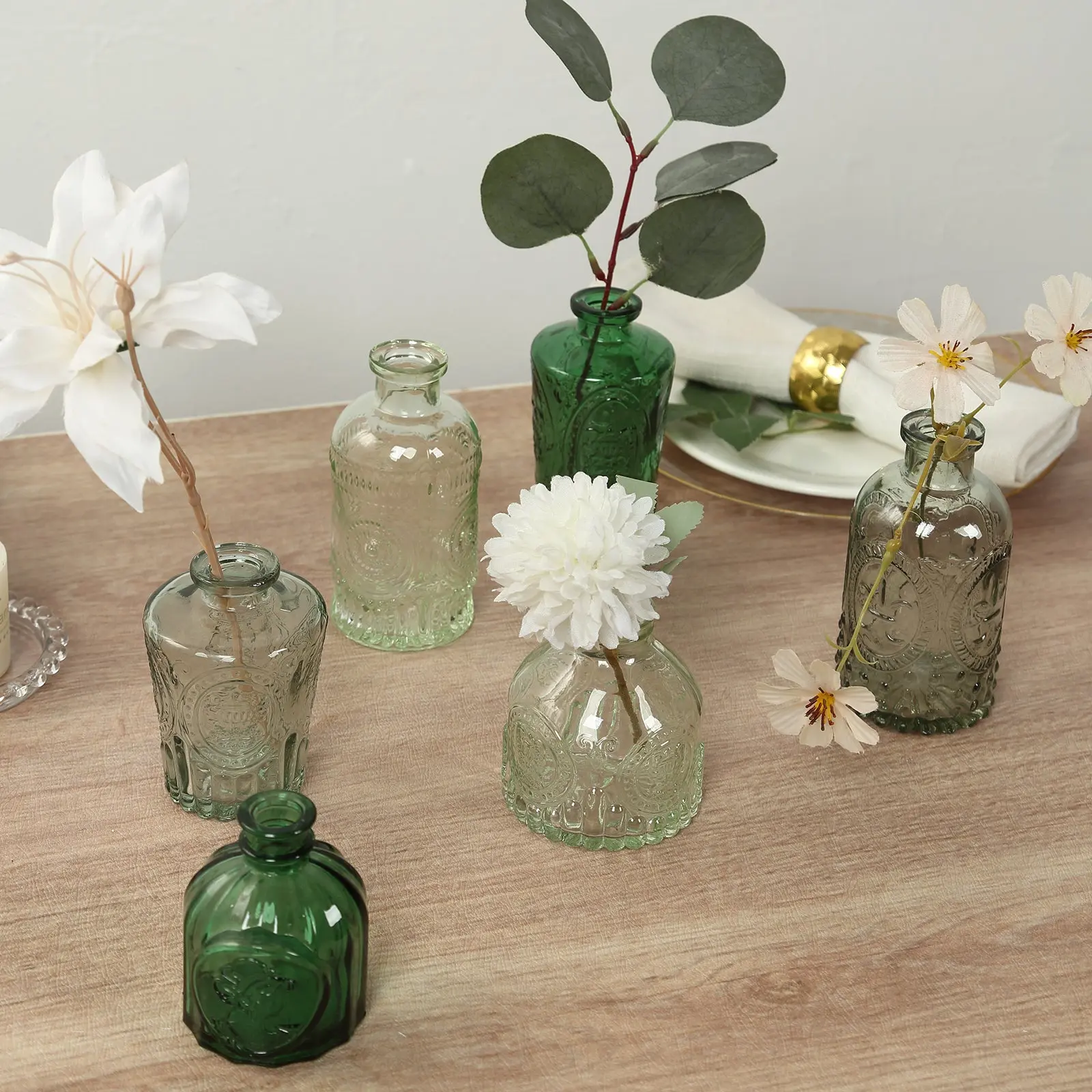 6-Piece Embossed Glass Bud Vases, Vintage Mixed Green Apothecary-Style Basic Decorative Table Centerpieces for Home, Wedding & Festive Occasions