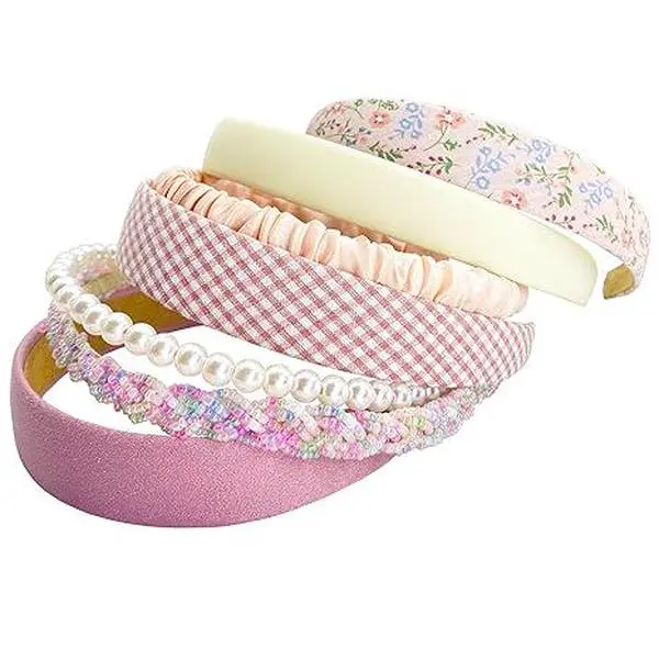 7pcs Different Fashion Headbands for Women(Pink) | Cute Pearl Headbands for Girls, Vintage Wide Headband for Women,Bandana Hair Accessories Set