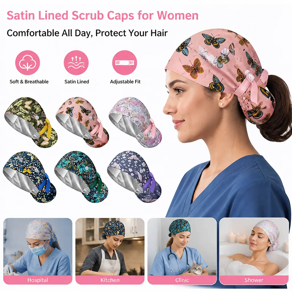 Women's 6-Pack Satin-Lined Nurse Caps - Adjustable Surgical Scrub Hats with Ponytail Hole, Mask Buttons, Healthcare Accessories for Work Hair Coverage