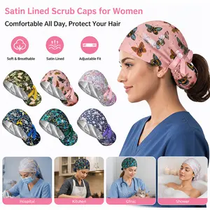 Women's 6-Pack Satin-Lined Nurse Caps - Adjustable Surgical Scrub Hats with Ponytail Hole, Mask Buttons, Healthcare Accessories for Work Hair Coverage