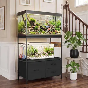20-29 Gallon Fish Tank Stand, Metal Double Aquarium Stand with Cabinet, Heavy Duty Reptile Terrarium Stand, for Home Office Fish Tank Shelf, 31.5" l x 15.7" w x 32.5" h, 330LBS Capacity, Brown