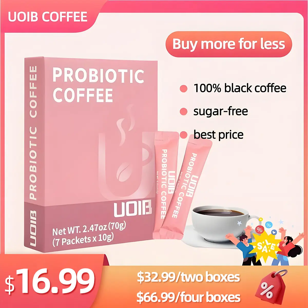 【$16.99】UOIB Probiotic Coffee - 1 Box (7 Packs) - 10 Billion CFU Live Probiotics - Supports Digestive Health for Men & Women - Rich Flavor, Instant, Conveniently Packaged