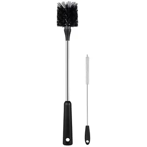Water Bottle Brush With Straw Cleaner  15 Inches Stainless Steel Handle Kitchen Scrub Cleaning Brushes For Cup Wine Glasses Coffee Mugs Tumblers Decanters Black