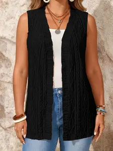 Spring Summer Women's Casual Knit Cardigan, Breathable Half-Transparent Fabric, Fashionable Elegant Sleeveless Outerwear, Plus Size