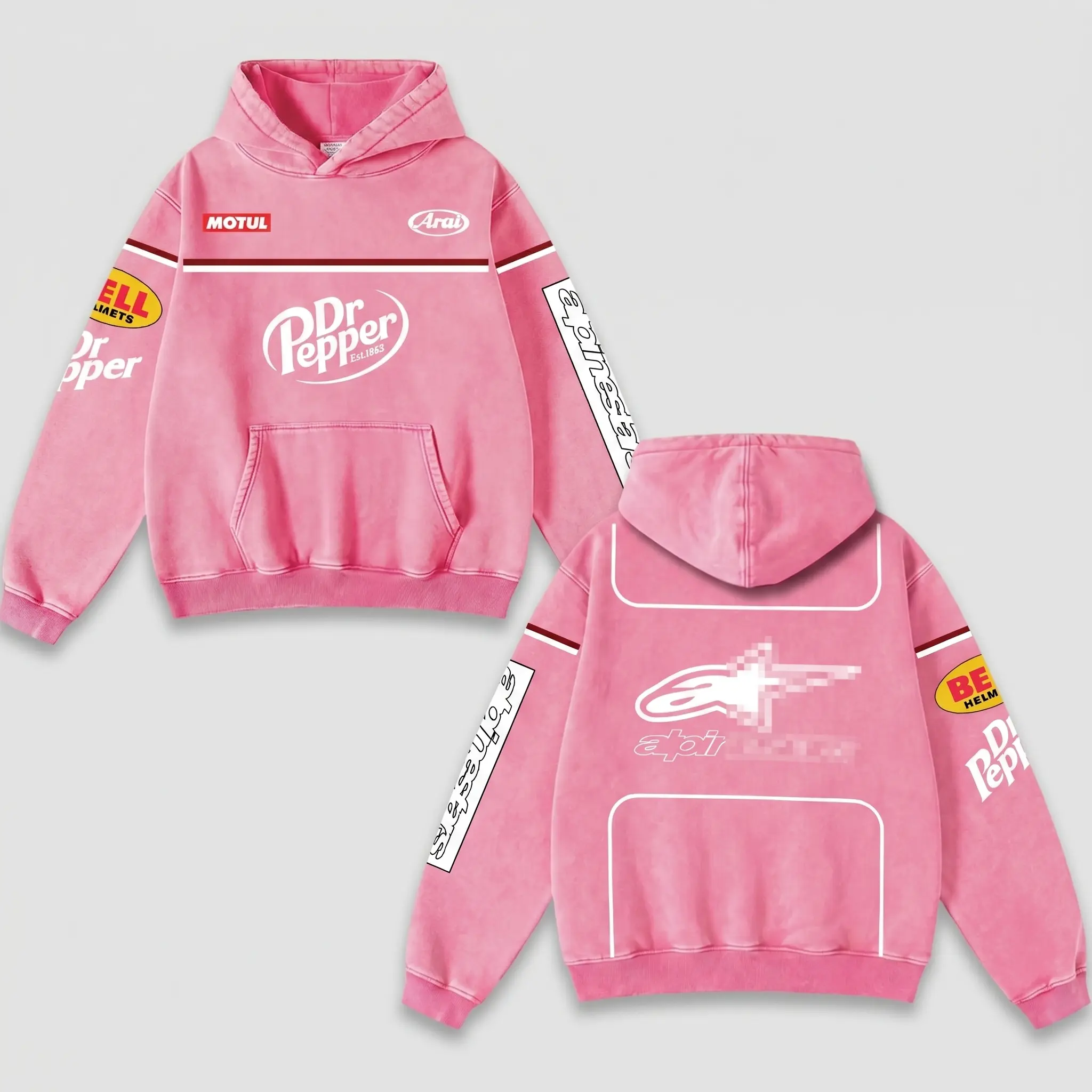 Revion - Retro Dr Pepper x Astars Racing Heavyweight Oversized Racing Hoodie - Vintage Washed Pink MotoGP Graphic Sweatshirt - Y2K Grunge Streetwear - Moto Gear Motorbike Men’s Apparel
