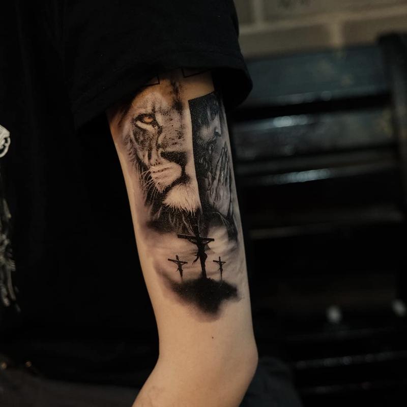 2 Sheets Waterproof Fake Forest Lion Jesus Cross Old School Arm Leg Temporary Tattoo