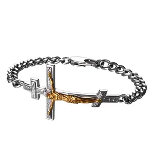 OIDEA Orthodox Cross Bracelet for Men, Stainless Steel Jesus Christian Cuban Chain Religious Wristband, Prayer Gift