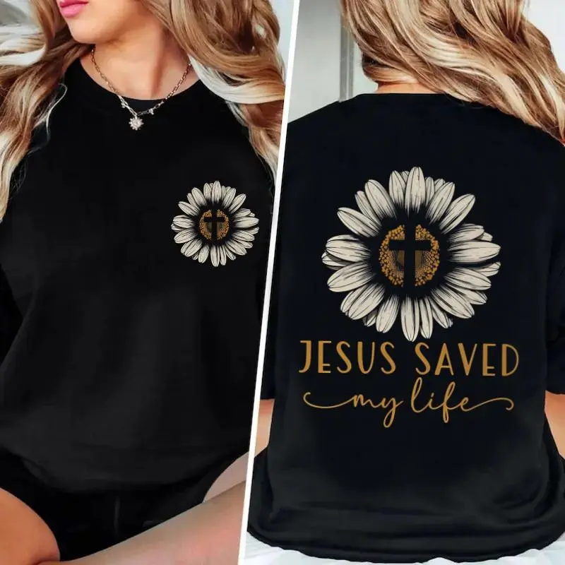 Women's Christian Graphic T-Shirt with 'Jesus Saved My Life' Flower Cross Print, Casual Soft Cotton Fabric Top, Lightweight Short Sleeve, Tshirt, Solid, Christian Clothing, Foldable, Lightweight Fold, Graphic Print, Seamless, Floral, Smooth, Digital Print
