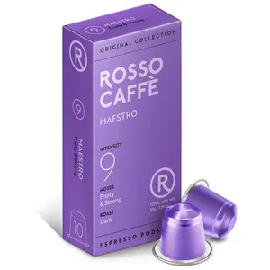Rosso Caffè Maestro Espresso Pods - 100% Arabica Beans, Dark Roast, Cocoa & Hazelnut Aroma, Intensity 9, Fruity & Strong Flavor, 10 Capsules