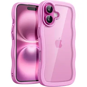 JETech Wavy Case for iPhone 16 Plus 6.7-Inch, Cute Wave Frame Curly Shape Shockproof Phone Cover for Women and Girls, Clear Hard PC Back (Pink)