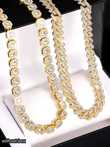 2pcs Street Hip-Hop Sparkling Cuban Link Design Chain Layering Multilayer Necklace Set, Rock Sugar Stacked Jewelry for Men Women, Dazzling Fashionable Rap Singer Accessories