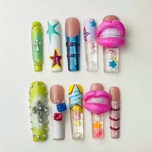 DiDazzle Dopamine “Taffy Kiss” Aquarium Press-On Nails – Heart Liquid Core Square Pastel Summer Nails