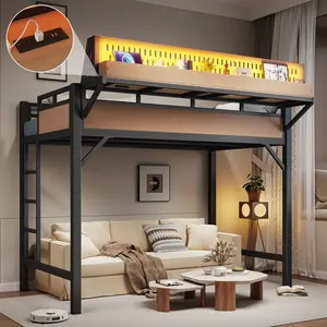 Eyisean Twin XL/Full/Queen Size Metal Loft Bed, Modern Bed Frame with USB Ports & LED Lights, Space Saving Beds with Storage Shelves & Pegboard, Durable Ladder & Safe Guardrail, No Box Spring Required, Easy Assembly for Bedroom