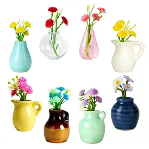 8-Piece Set Mini Ceramic Vase Magnets, Cute Artificial Flower Decor, Ideal for Refrigerator, Office, Kitchen, Storage Cabinet, Whiteboard, Nature
