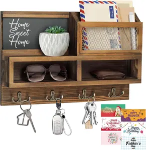 Key Holder Wall Mount, Wooden Mail and Key Organizer with Chalkboard and Mirror, 3 Greeting Cards, 8 Hooks, Brown HOMEBROS