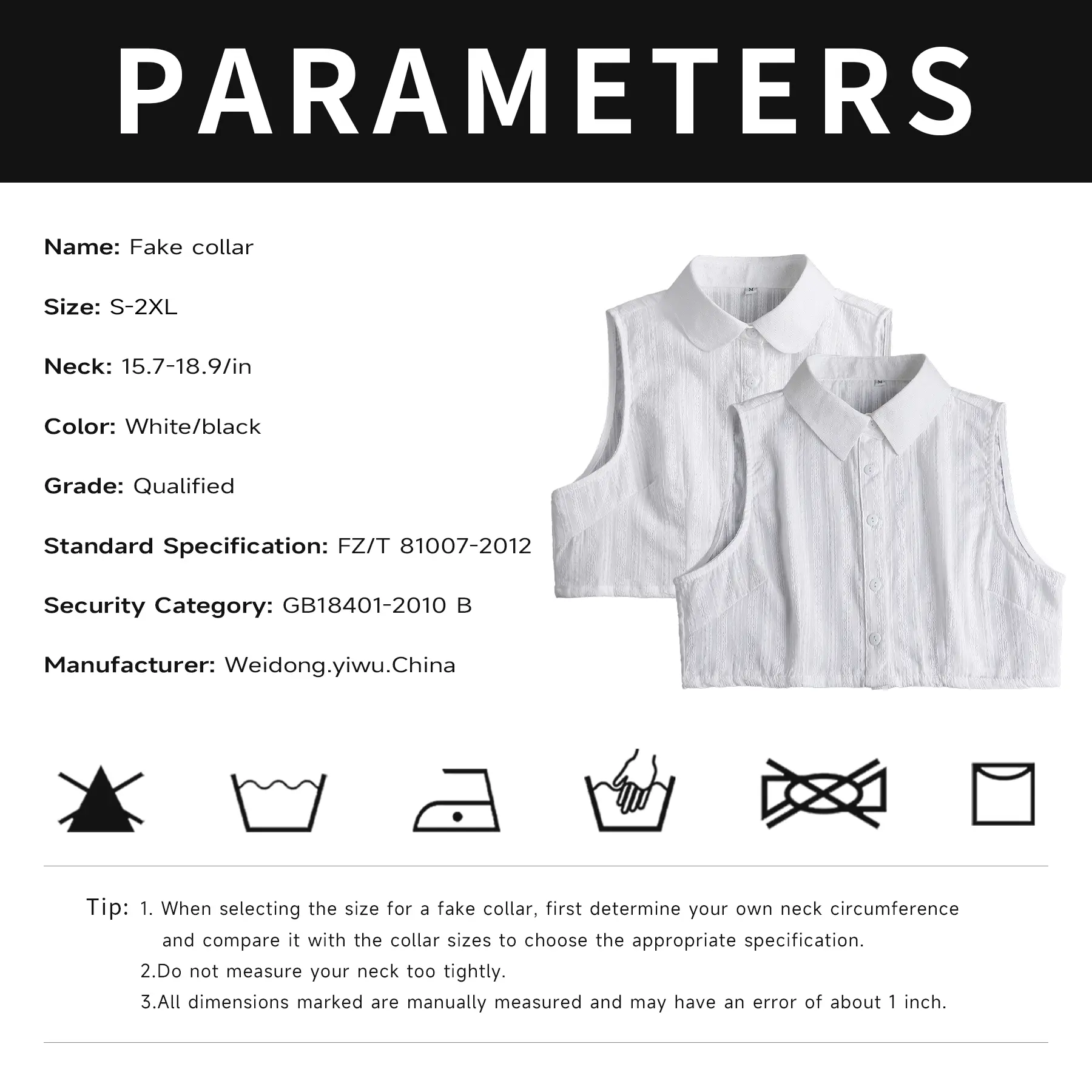 Ladies' fake collar set with a pure cotton round collar. It is available in various size specifications, including M, L, XL and 2XL. It can be matched with all kinds of coats and is suitable for wearing on various daily occasions. Ladies' fake collar set with a pure cotton round collar. It is available in various size specifications, including M, L, XL and 2XL. It can be matched with all kinds of coats and is suitable for wearing on various daily occasions.