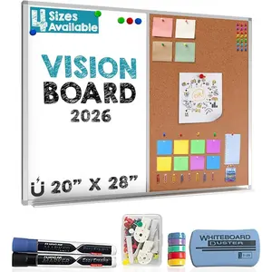 Vision Board 2026: Dry Erase Cork Board Combo Set - 20" x 28"  White Board and Cork Bulletin Combination Board, Use as Message Board, Memo Board - w/Markers, Eraser, , Push Pins
