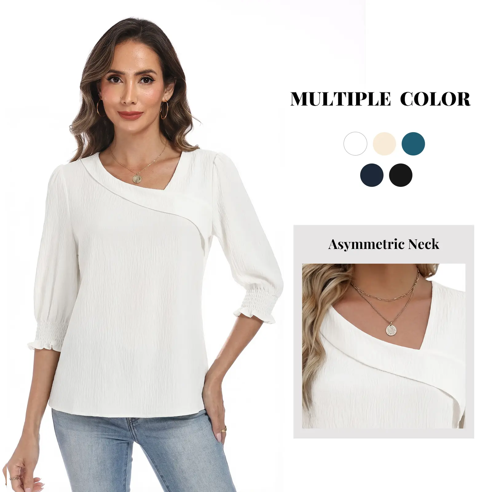 Women's Textured Fitted Twist Blouse - Asymmetric Neck, 3/4 Smocked Cuffs, Low Iron, Capsule Wardrobe Layering Top for Business Office Dressy Casual Wear, Layering Outfits, Elevated Basics, Going Out, Ootd Ideas, Lightweight, Style