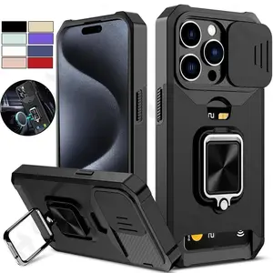 WWH Case For iPhone 17 16 15 14 13 12 11 Pro Max XS Plus Slide Camera Card Holder Slot Duty Wallet Protective With Ring Stand Cover