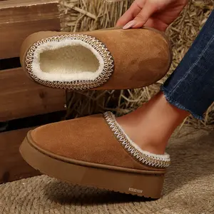 Women's Christmas Santa Printed Plush Lined Mule Slippers Indoor Outdoor Shoes Platform Clogs with Festive Design for Winter