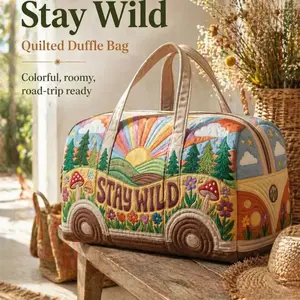 Hippie Journey Quilted Duffel Bag Vintage Floral Hippie Van Travel Duffle Bag Boho Travel Weekender Bags Overnight Luggage Bag Gym Tote