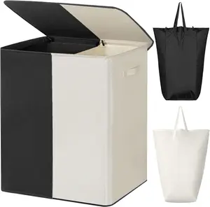 Double Laundry Baseket with Lid and Removable Laundry Bags,154L Large Laundry Hamper 2 Section Collapsible Dirty Clothes Hamper for Laundry Room,College Dorm,Bathroom,Black and Beige