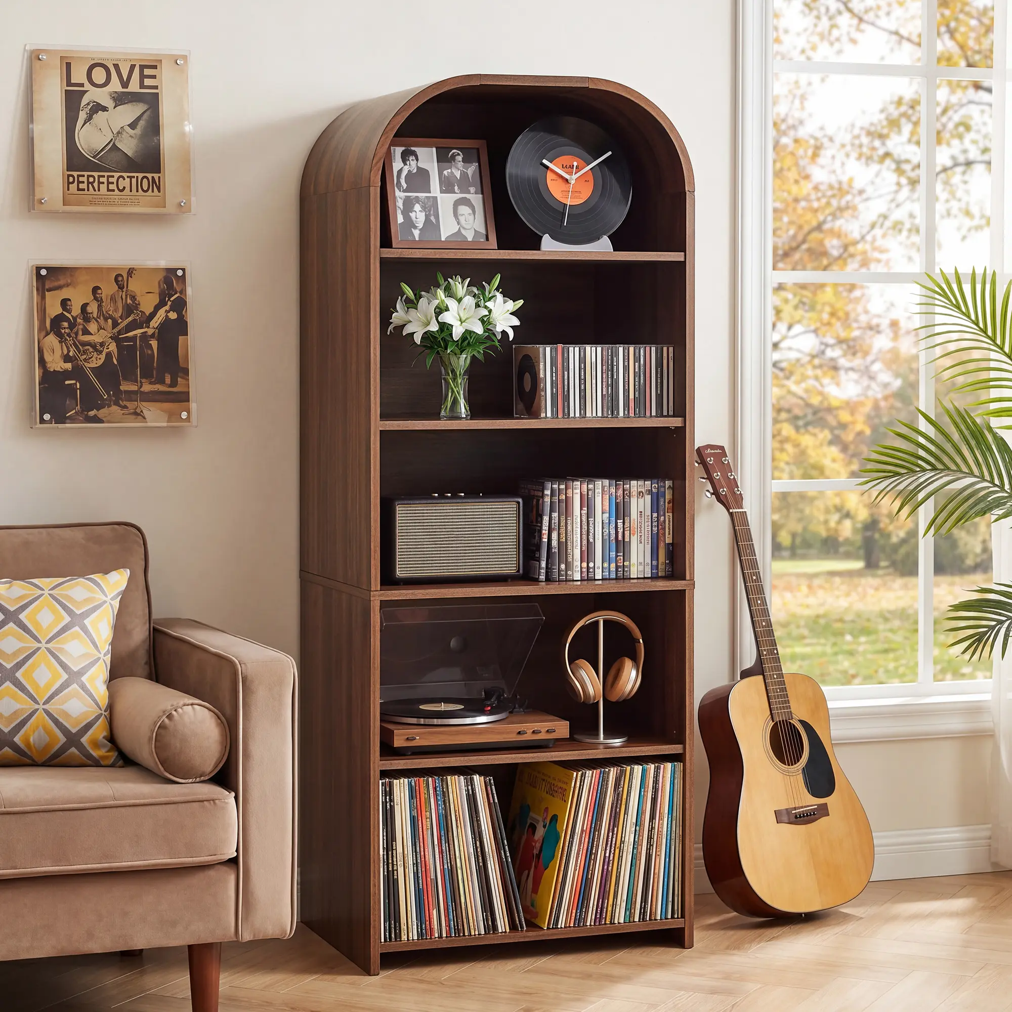 Giratree 63'' Tall Record Player Stand, 5 Tier Large Record Player Storage Cabinet | Bookshelf with Adjustable Shelves, Wood Turntable Stand for CD/DVD Rack Media Display Shelf for Living Room