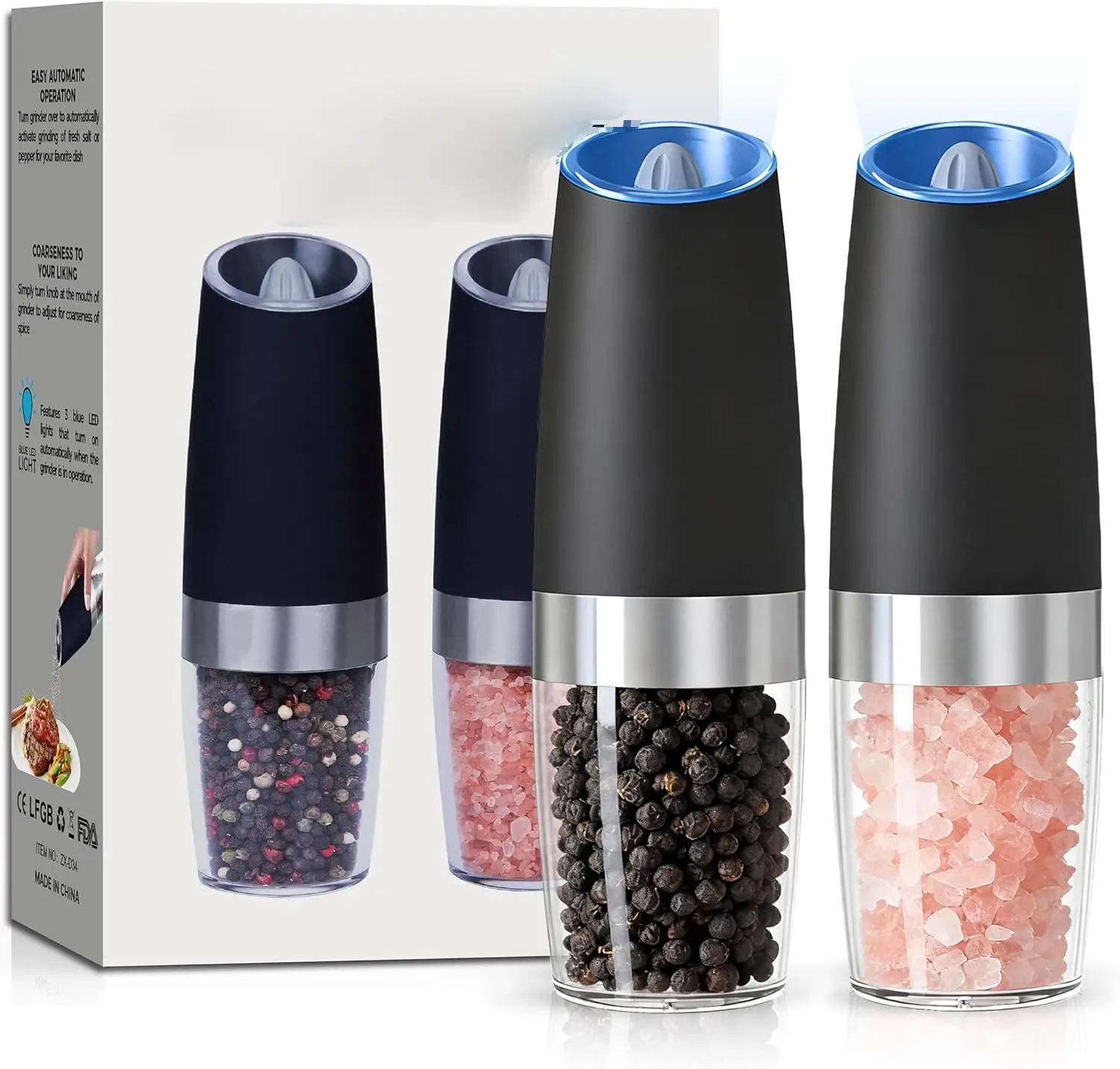 Elite Electric Salt & Pepper Grinder Set – Gravity Activated, Adjustable Coarseness, LED Light, Battery Powered (2 Pack)